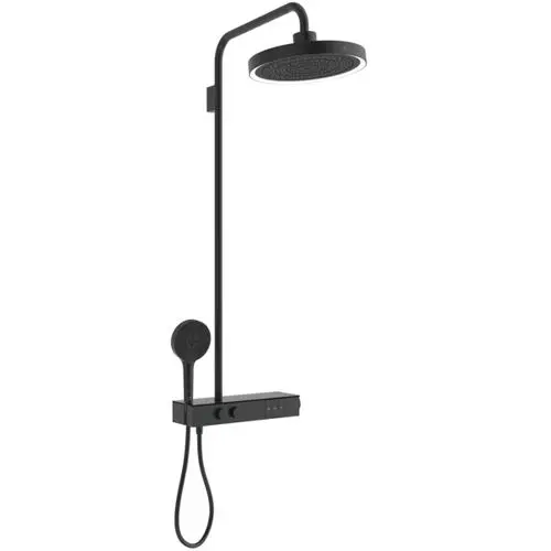 Duschsystem in Schwarz mit Brausethermostat und LED-Leuchtring. Von Ideal Standard. Handbrause mit Schlauch und Steuerungseinheit.